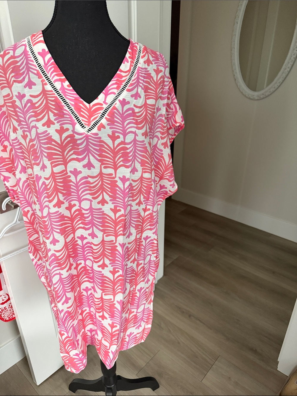 Tahari Pink and White Printed Midi Dress